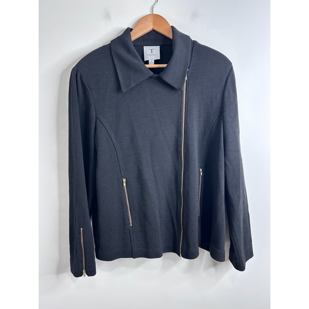 Toula Black Wool Blend Asymmetric Zip Moto Knit‎ Jacket Womens 1X Gold Hardware